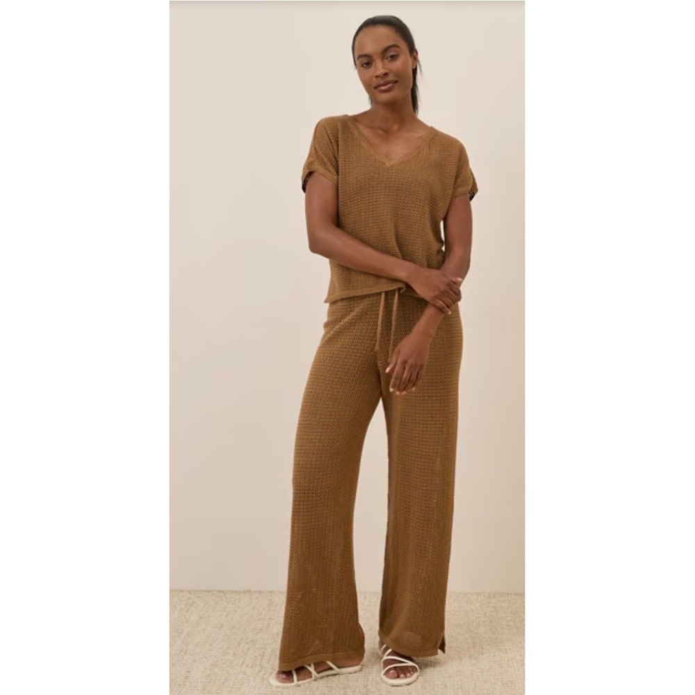 Pact Organic Cotton Beachside Crochet Knit Top Pant Set Large XL Brown Wide Leg